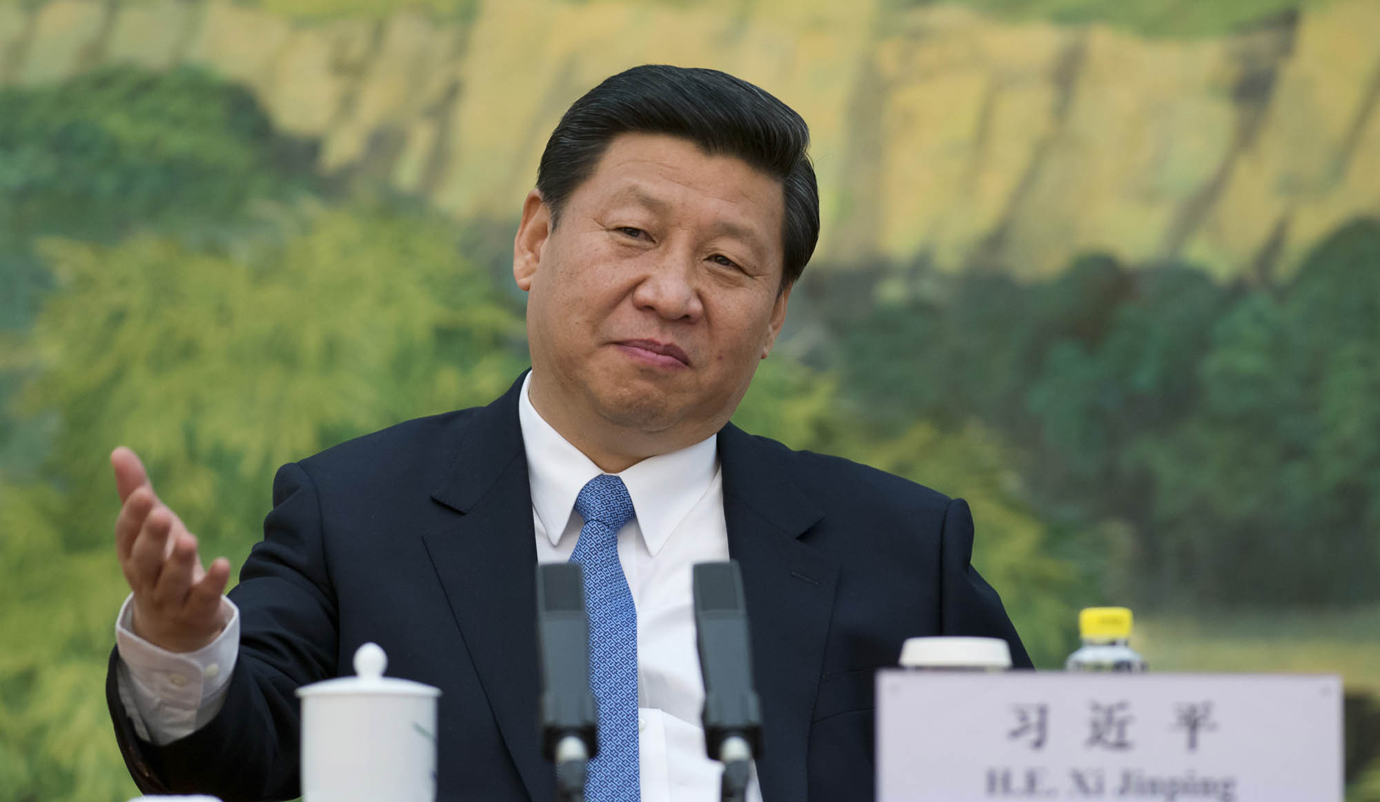 China's newly appointed leader Xi Jinping gestures during a meeting with a panel of foreign experts at the Great Hall of the People in Beijing